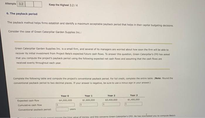 Attempts 3.2 6. The payback period Keep the Highest 3.2/4 The payback