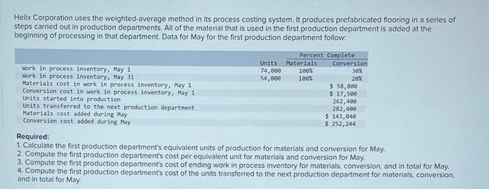 Helix Corporation uses the weighted-average method in its process costing system. It