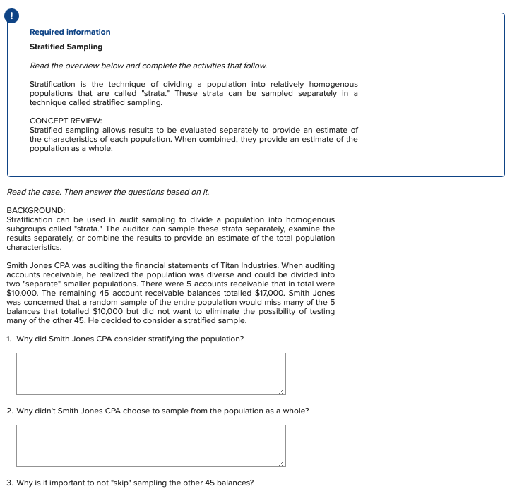 Required information Stratified Sampling Read the overview below and complete the activities