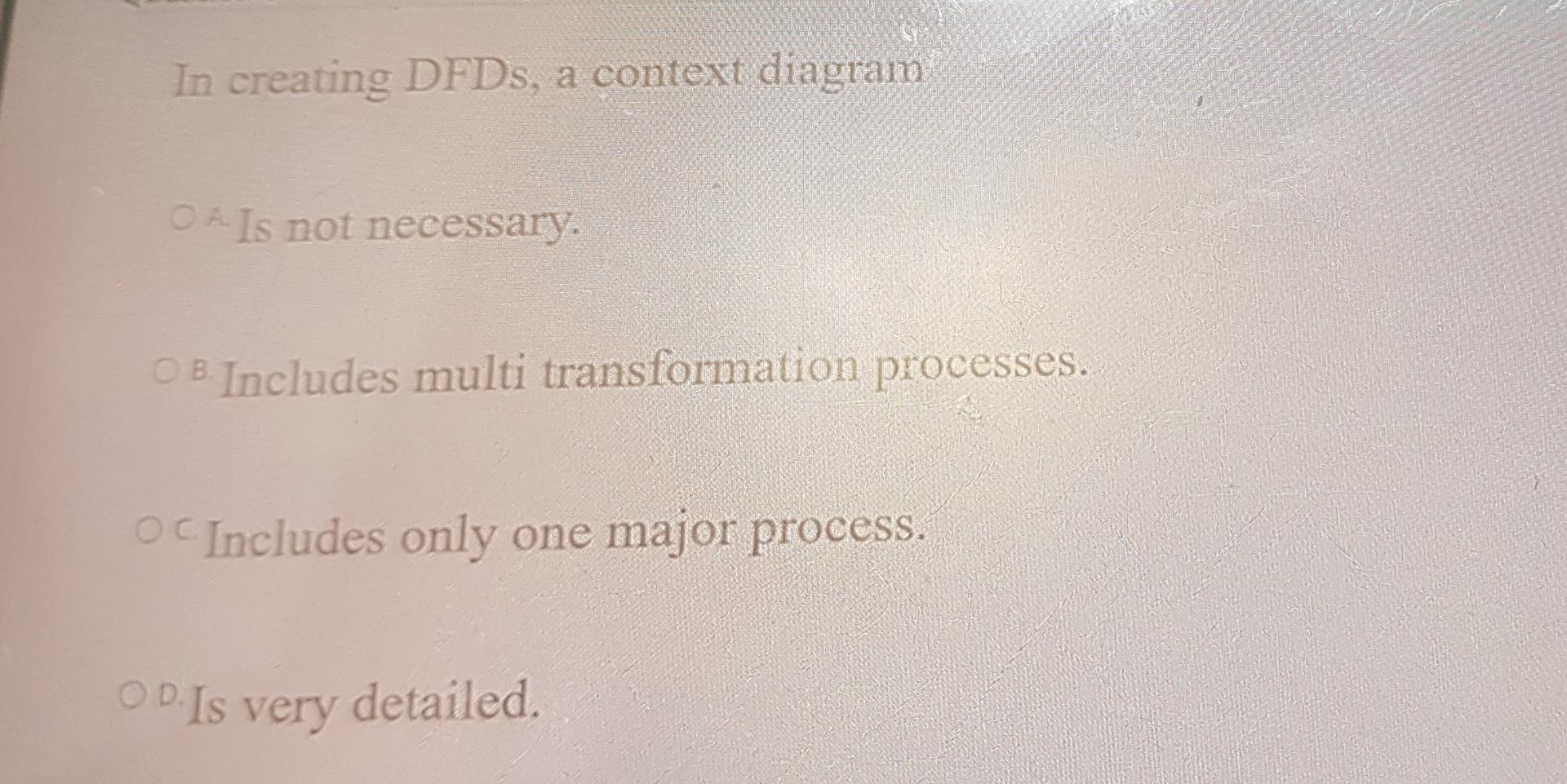 In creating DFDs, a context diagram OA Is not necessary. OB. Includes