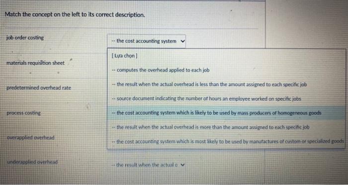 Match the concept on the left to its correct description. job order