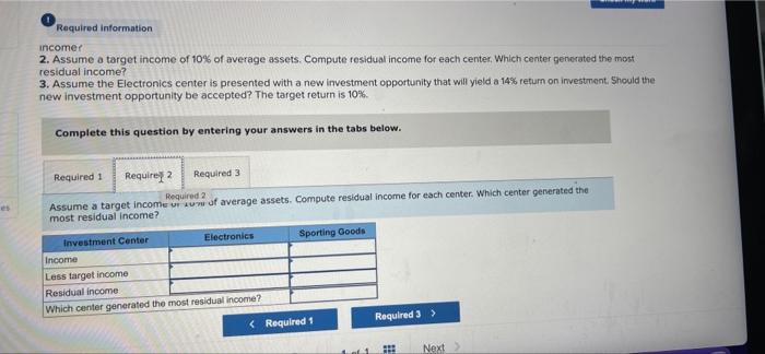information on its two investment centers. Investment Center Electronics Sporting goods Sales