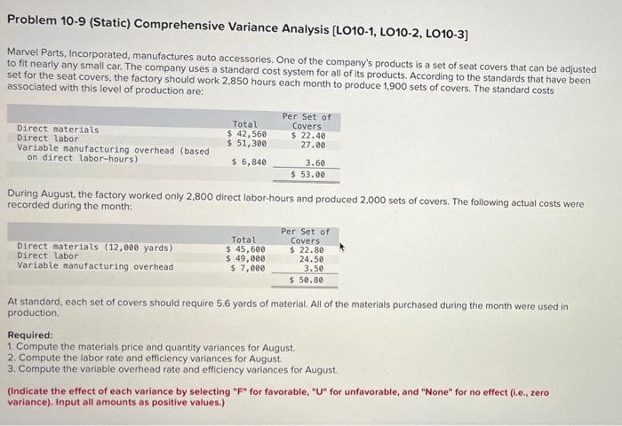 Problem 10-9 (Static) Comprehensive Variance Analysis [LO10-1, LO10-2, LO10-3] Marvel Parts, Incorporated,