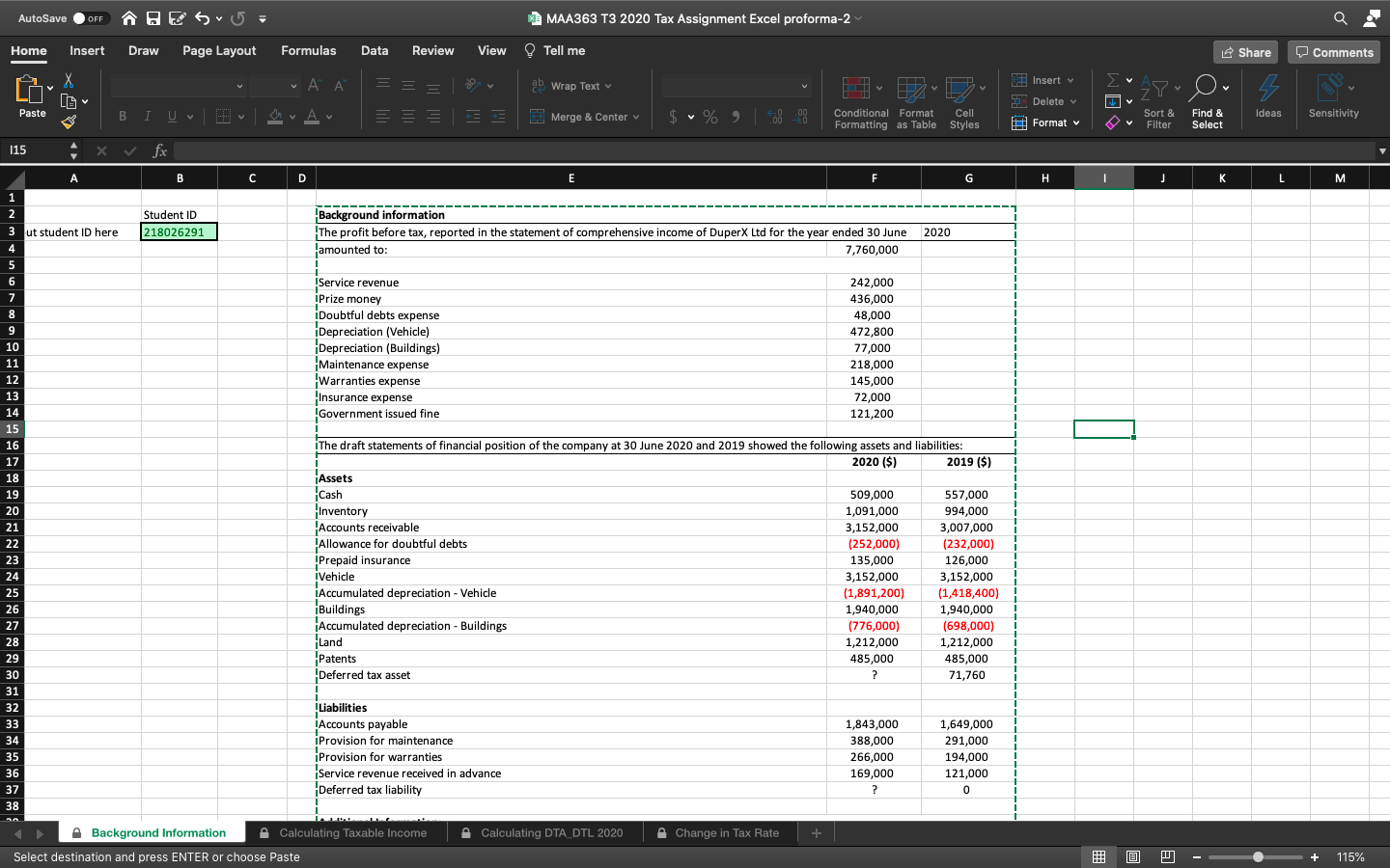AutoSave OFF + 5 = Home Insert Draw Page Layout Paste 115