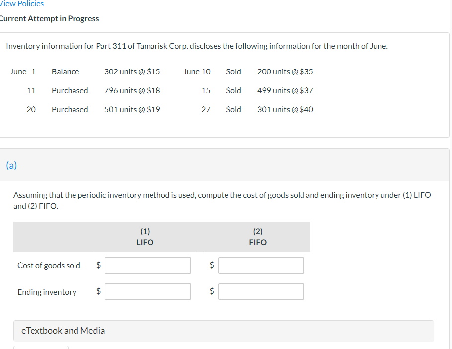 View Policies Current Attempt in Progress Inventory information for Part 311 of