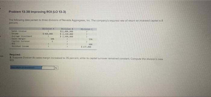 Problem 13-38 Improving ROI (LO 13-3) The following data pertain to three
