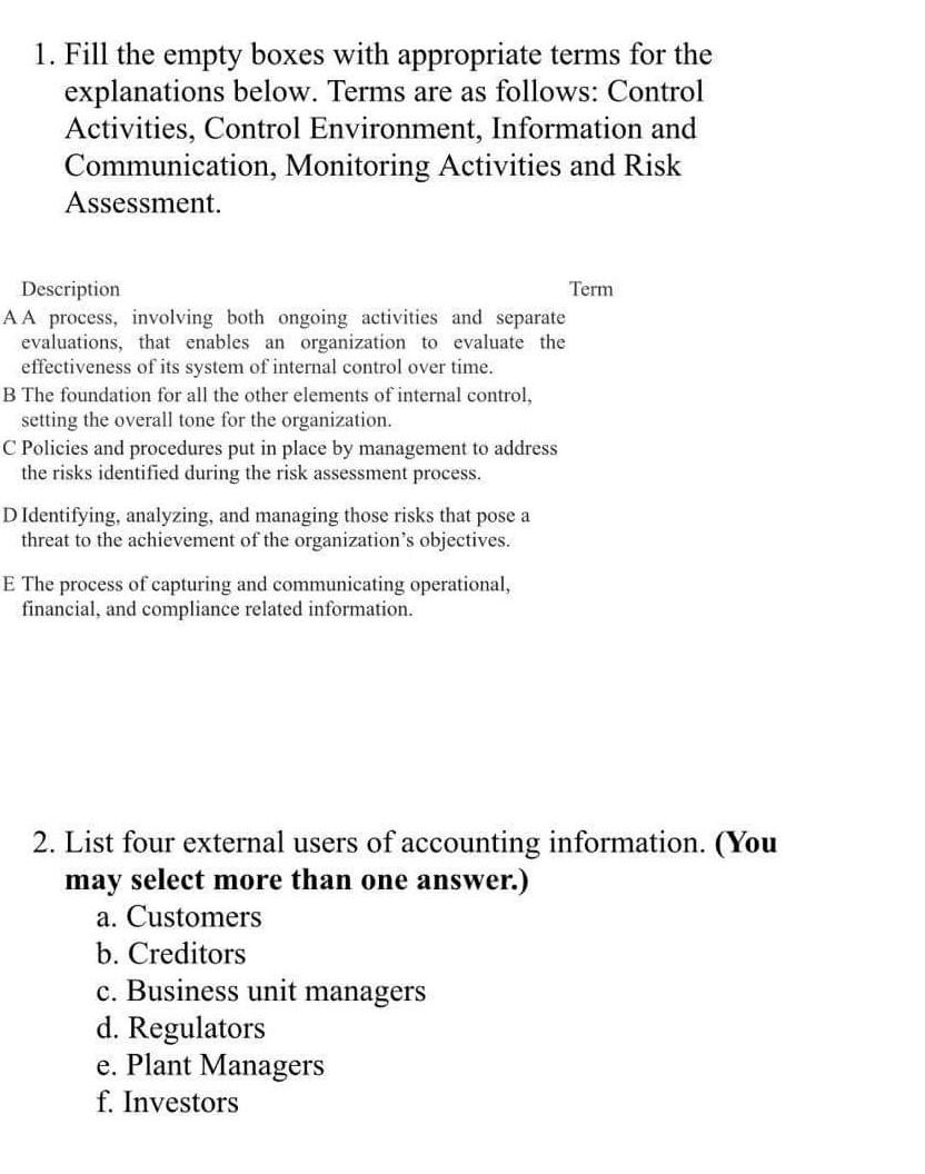 1. Fill the empty boxes with appropriate terms for the explanations below.