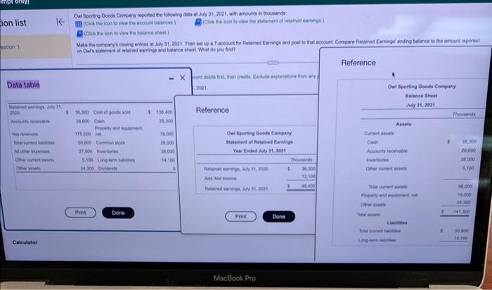 mpt only) ion list stion 1 Data table Owl Sporting Goods Company
