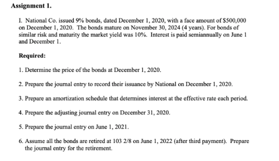 Assignment 1. I. National Co. issued 9% bonds, dated December 1, 2020,