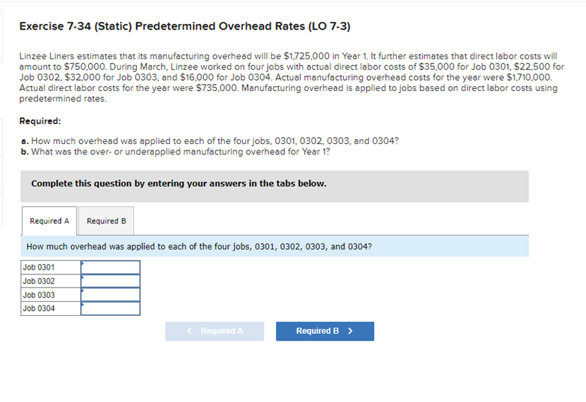 Exercise 7-34 (Static) Predetermined Overhead Rates (LO 7-3) Linzee Liners estimates that