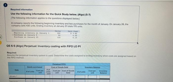 Required information Use the following information for the Quick Study below. (Algo)