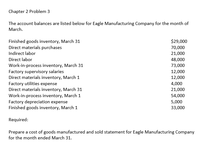 Chapter 2 Problem 3 The account balances are listed below for Eagle