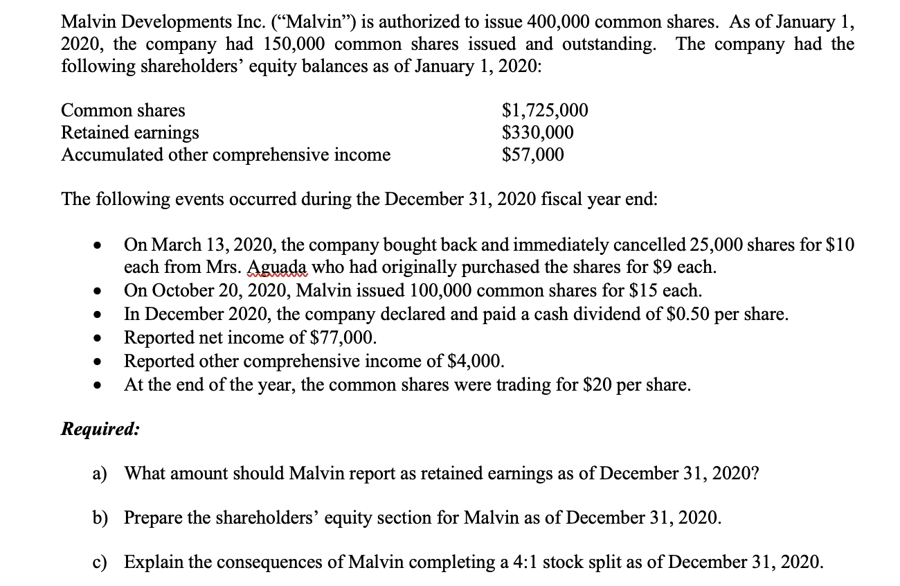 Malvin Developments Inc. ("Malvin") is authorized to issue 400,000 common shares. As