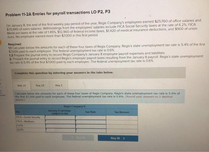 Problem 11-2A Entries for payroll transactions LO P2, P3 On January 8,