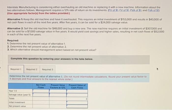 Interstate Manufacturing is considering either overhauling an old machine or replacing it