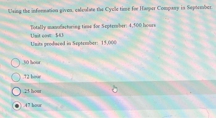 Using the information given, calculate the Cycle time for Harper Company in