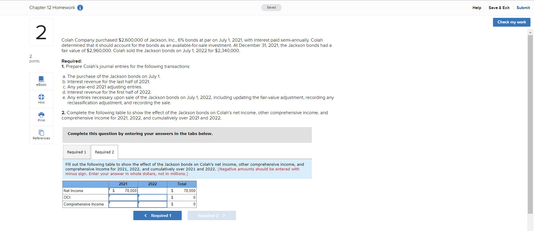 Chapter 12 Homework 2 Saved points eBook Hint Print Colah Company purchased