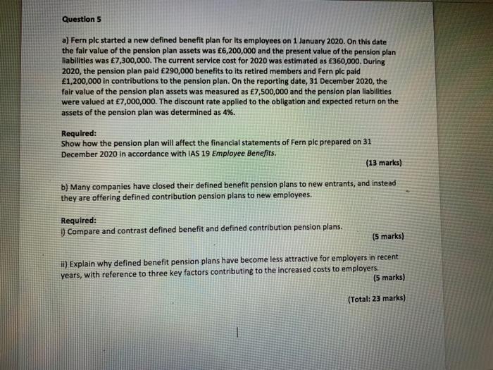 Question 5 a) Fern plc started a new defined benefit plan for