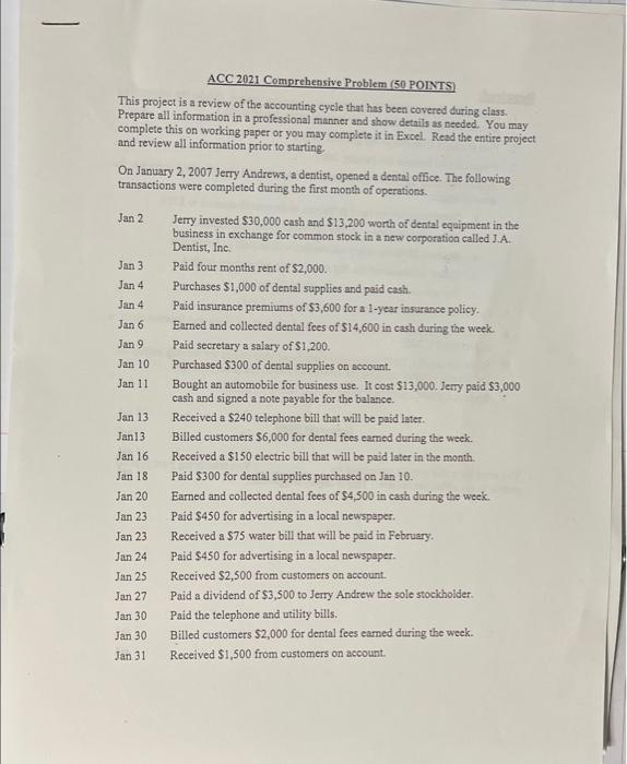 ACC 2021 Comprehensive Problem (50 POINTS) This project is a review of