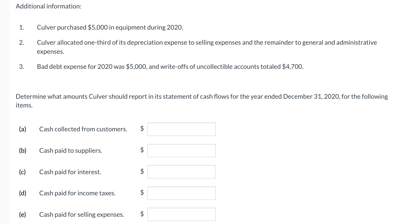 flows. Culver trial balances at December 31, 2020 and 2019, are as