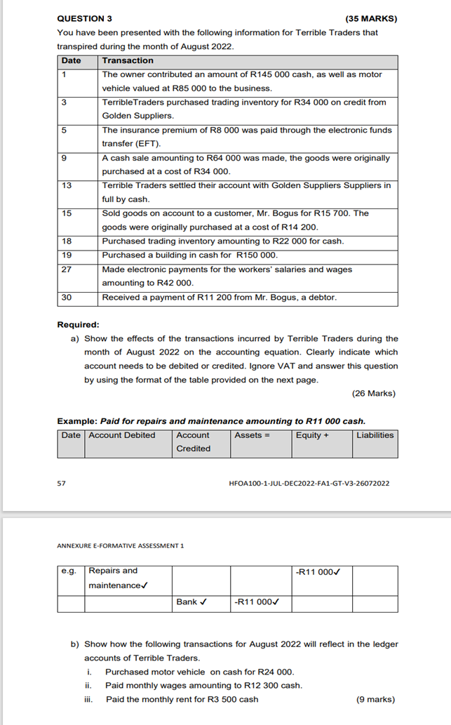 QUESTION 3 (35 MARKS) You have been presented with the following information