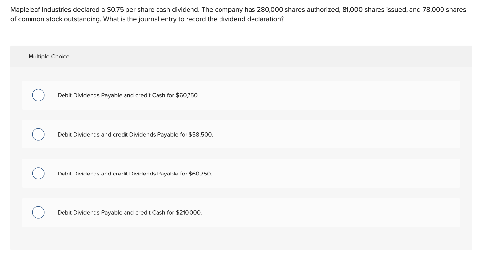 Mapleleaf Industries declared a $0.75 per share cash dividend. The company has