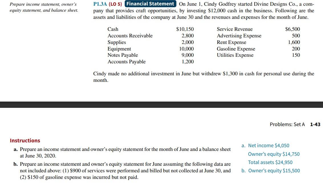 Prepare income statement, owner's equity statement, and balance sheet. P1.3A (LO 5)