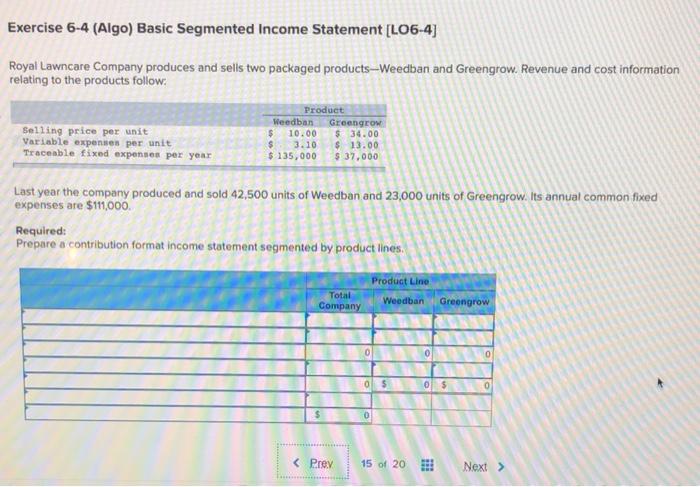 Exercise 6-4 (Algo) Basic Segmented Income Statement [LO6-4] Royal Lawncare Company produces