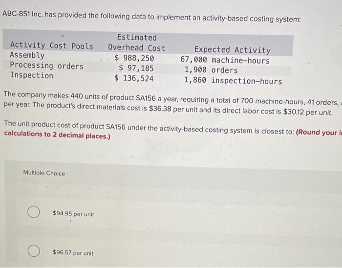 ABC-851 Inc. has provided the following data to implement an activity-based costing