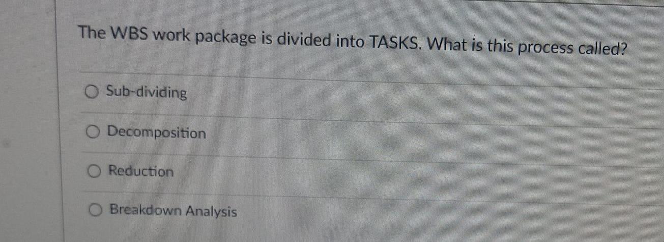 The WBS work package is divided into TASKS. What is this process