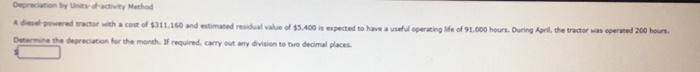 Depreciation by Units-of-activity Method A diesel-powered tractor with a cost of $311.160