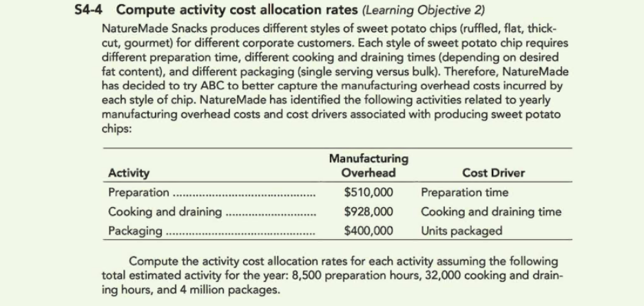 S4-4 Compute activity cost allocation rates (Learning Objective 2) NatureMade Snacks produces