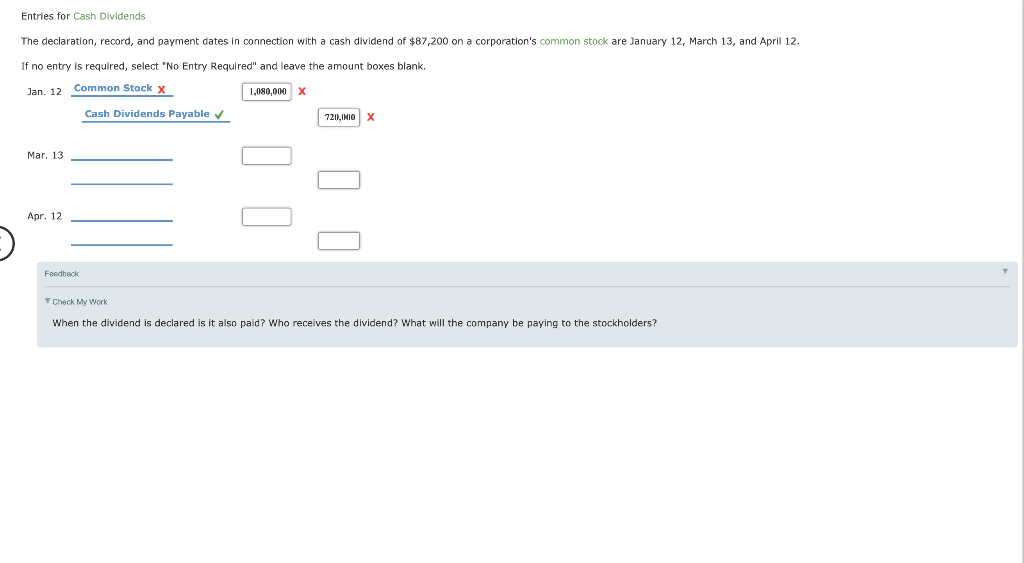 Entries for Cash Dividends The declaration, record, and payment dates in connection