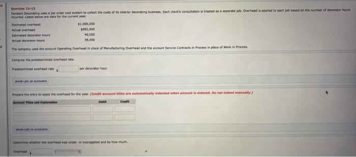 Y Exercise 15-13 Tombert Decorating uses a job order cost system to