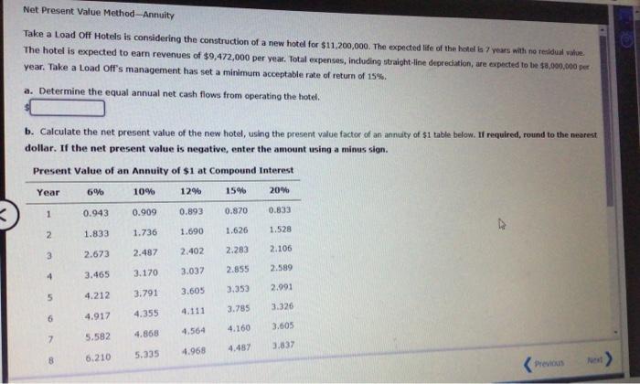 Net Present Value Method-Annuity Take a Load Off Hotels is considering the