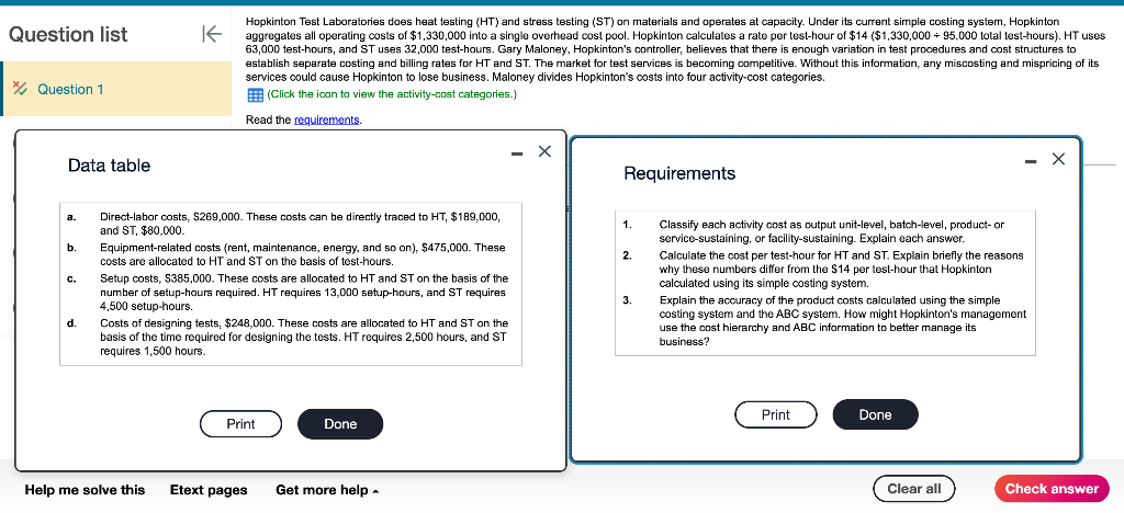 Question list K * Question 1 Data table Hopkinton Test Laboratories does