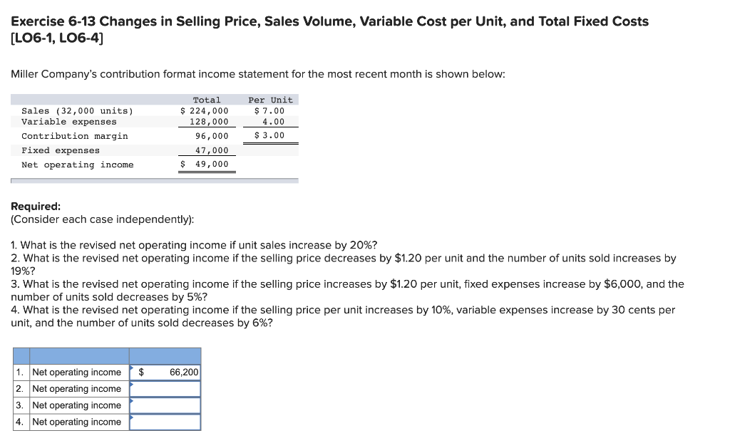 Exercise 6-13 Changes in Selling Price, Sales Volume, Variable Cost per Unit,