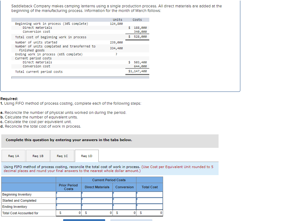 Units 124,800 Saddleback Company makes camping lanterns using a single production process.