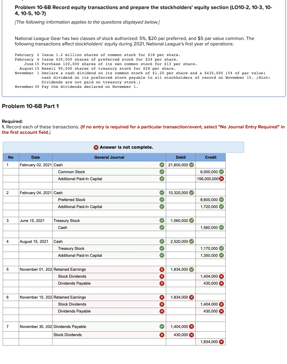 Problem 10-6B Record equity transactions and prepare the stockholders' equity section (LO10-2,