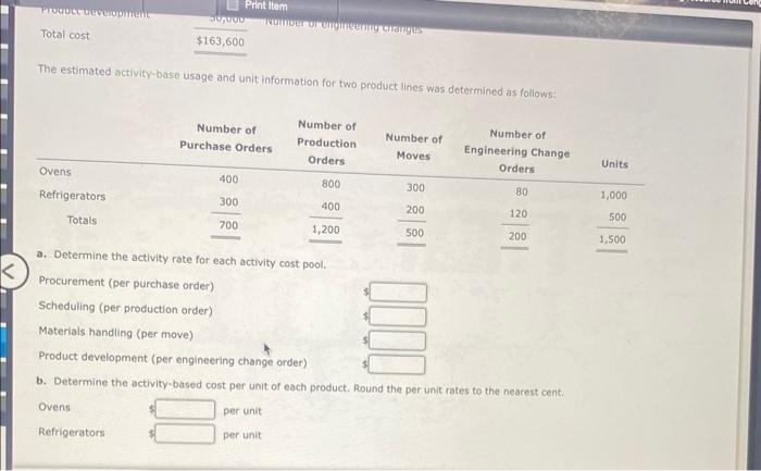 Home Appliances Inc. is estimating the activity cost associated with producing ovens
