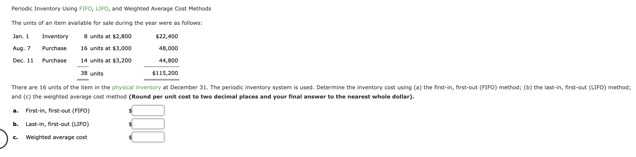 Periodic Inventory Using FIFO, LIFO, and Weighted Average Cost Methods The units