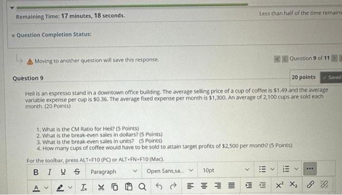 Remaining Time: 17 minutes, 18 seconds. Question Completion Status: Less than half