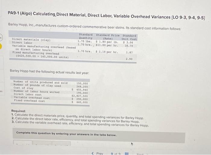 PA9-1 (Algo) Calculating, Direct Material, Direct Labor, Variable Overhead Variances [LO 9-3,