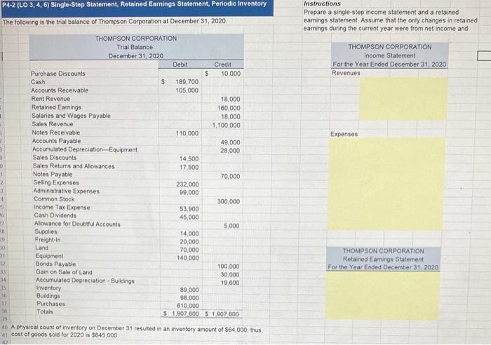 P4-2 (LO 3, 4, 6) Single-Step Statement, Retained Earnings Statement, Periodic Inventory