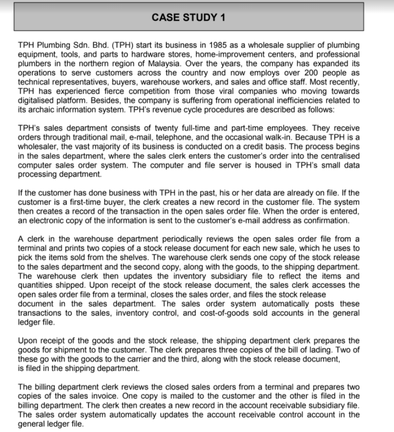 CASE STUDY 1 TPH Plumbing Sdn. Bhd. (TPH) start its business in