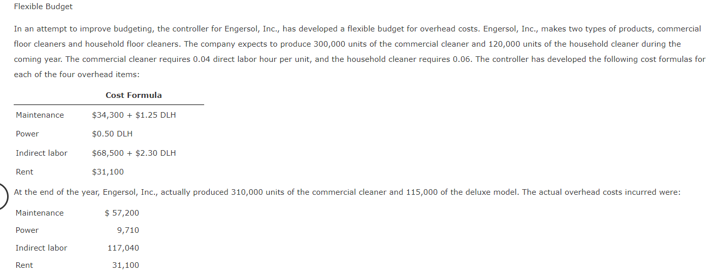 Flexible Budget In an attempt to improve budgeting, the controller for Engersol,