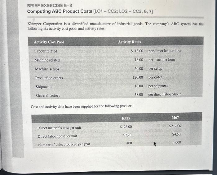BRIEF EXERCISE 5-3 Computing ABC Product Costs [LO1-CC2; LO2 - CC3, 6,