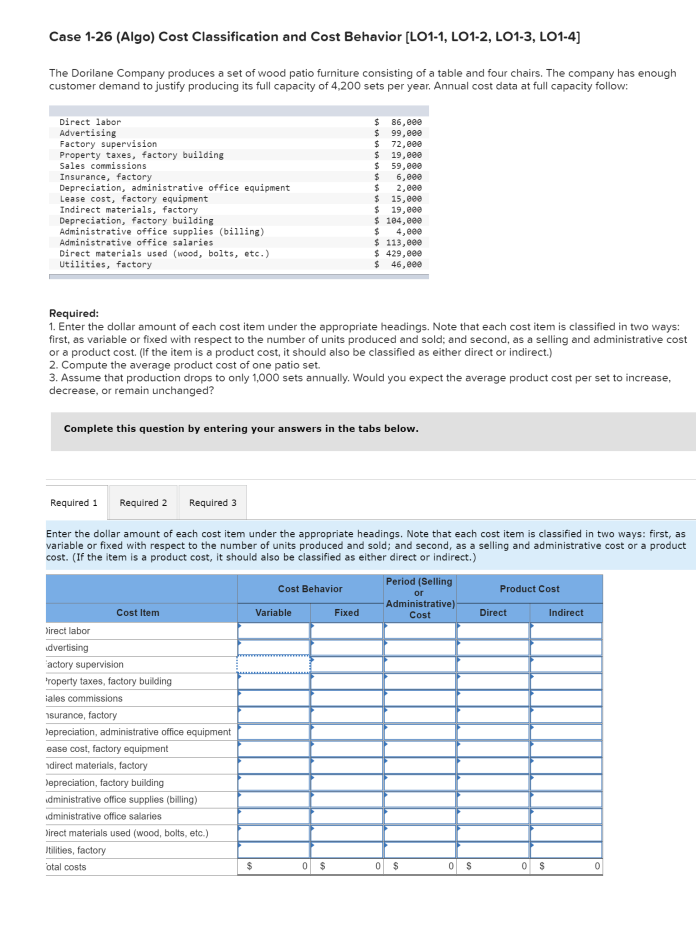 Case 1-26 (Algo) Cost Classification and Cost Behavior [LO1-1, LO1-2, LO1-3, LO1-4]