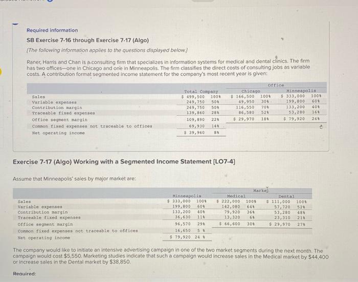 Required information SB Exercise 7-16 through Exercise 7-17 (Algo) [The following information