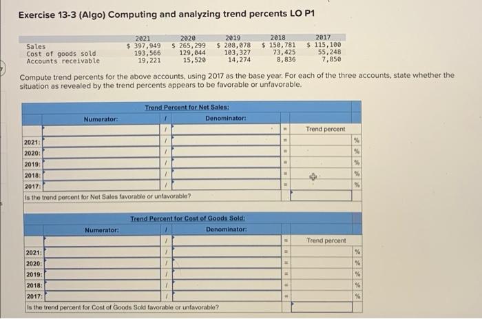 Exercise 13-3 (Algo) Computing and analyzing trend percents LO P1 Sales 2021